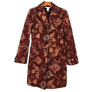 Cabi Jacobean Mulberry Floral Tapestry Coat Size 4 Mid Length Boho Artsy